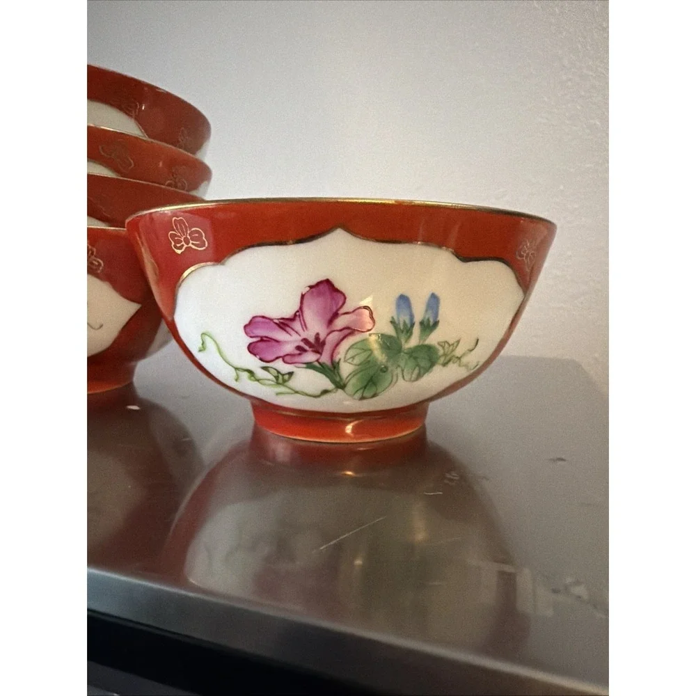 China‎ Famille Coral Red Glazed Porcelain Painted Flower Rice Bowls Set Of 5